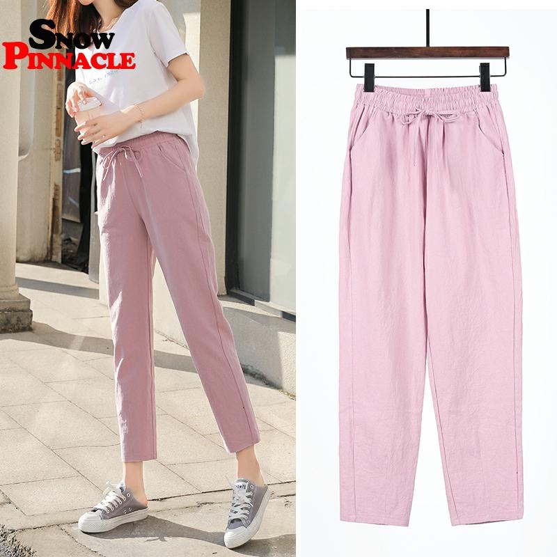 Womens Spring Summer Pants Cotton Linen Solid Elastic waist Candy ...