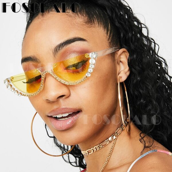 Diamond Cat Eye Sunglasses Women Semi-Rimless Sun Glasses Luxury Brand Designer Crystal Sexy Frame Rhinestone Elegant Eyewear - Image 4