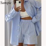 Sampic Loung Wear Tracksuit Women Shorts Set Stripe Long Sleeve Shirt Tops And Waist Loose High Mini Shorts Two Piece Sets 2021 - ImpotrsEZ