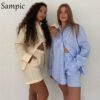 Sampic Loung Wear Tracksuit Women Shorts Set Stripe Long Sleeve Shirt Tops And Waist Loose High Mini Shorts Two Piece Sets 2021 - ImpotrsEZ - Image 4