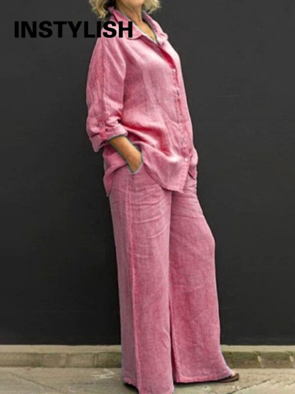 Linen Lapel Shirt and Loose Straight Pants for Women
